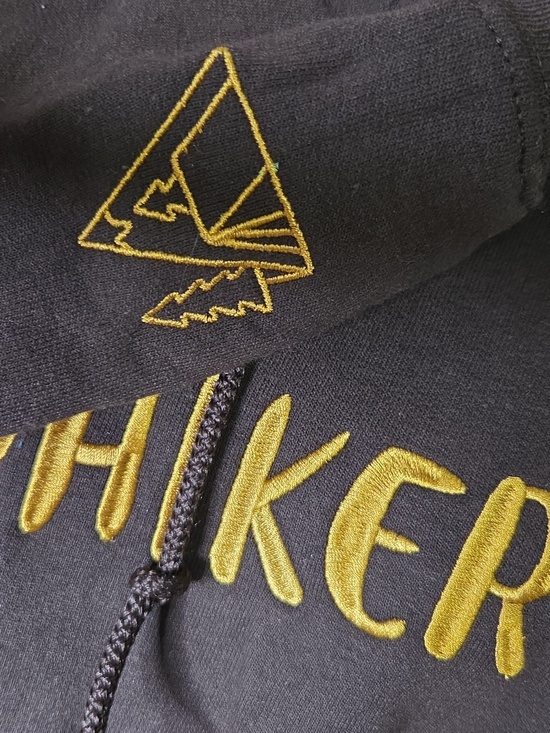 Gildan Brown 'WYLDHIKER' Hooded Sweatshirt with Gold Embroidery Size L - Picture 3 of 8